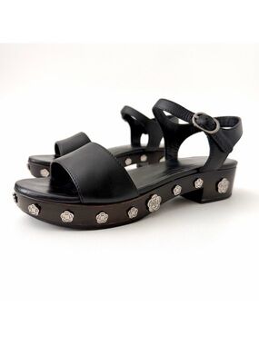 CHANEL | Camellia Logo Wood Platform Clog Sandals Black Calfskin Ankle Strap 39